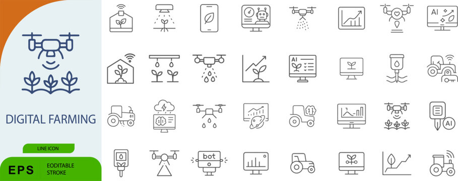 Digital farming icon set. Editable vector illustration of smart agriculture, drone monitoring, and automated systems. EPS agri-tech pack