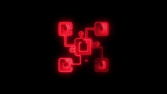 Red neon network diagram with central square and four connected squares connection data