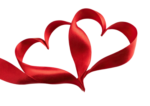 Two red satin ribbons form interlocking hearts