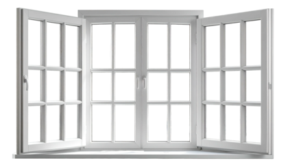 Open, four-pane window with symmetrical design against black