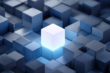 Stunning glowing cube amidst modern blue geometric shapes creates a dynamic digital platform feel