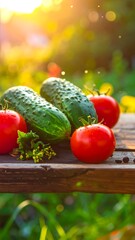 Freshly picked tomatoes, cucumbers, and herbs bask in sunset light