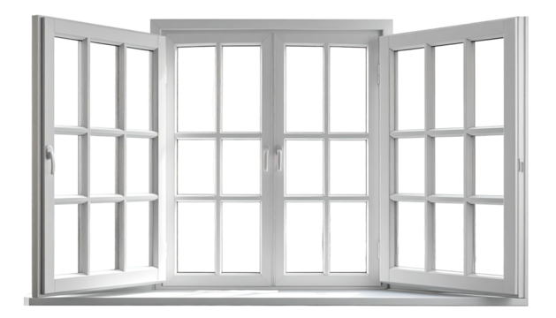 Open, four-pane window with symmetrical design against black