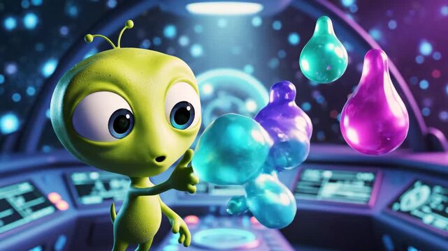 A cute green alien in a spaceship admires colorful teardrop-shaped objects
