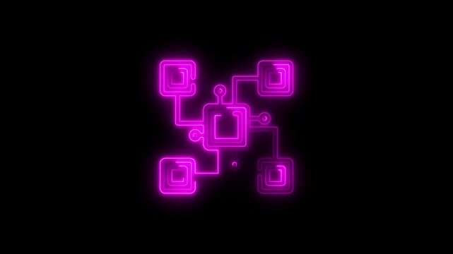 Pink neon network diagram with central square and four connected squares connection data