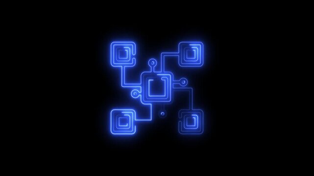Blue neon network diagram with central square and four connected squares connection data