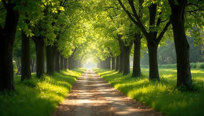 Long winding path through summer forest. Green trees line walkway, creating peaceful avenue. Sunlight shines through canopy, lighting up fresh green grass on both sides. Nature trail for walking,