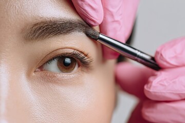 Eyebrow tinting. Master brush dye henna beautiful woman brows in beauty salon. Hand in pink gloves applying of brow hair tint with a brush. Procedure Permanent make up tattoo. Cosmetic procedures.
