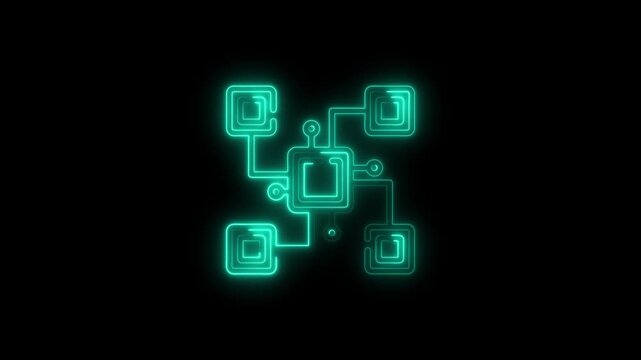 Teal neon network diagram with central square and four connected squares connection data