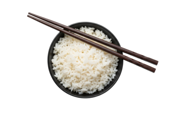Cooked White Rice In A Black Bowl With Dark Brown Chopsticks Placed On Top isolated on transparent background