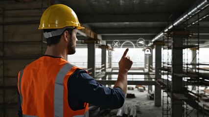 Male construction engineer interacting with digital tools hologram during work at building site, smart technology footage - Powered by Adobe