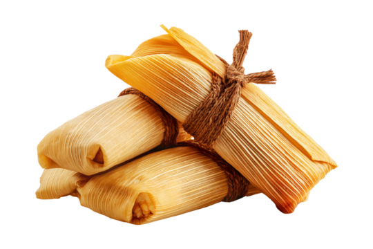 Venezuelan tamales wrapped in corn husk, tied with rustic rope, isolated on white transparent background, representing traditional South American cuisine
