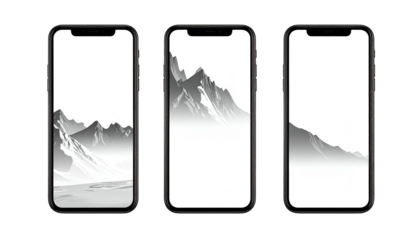 Three phones displaying grayscale mountain landscape wallpapers