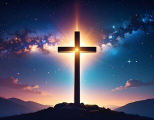 Glowing cross silhouette against starry sky, atop silhouetted mountains