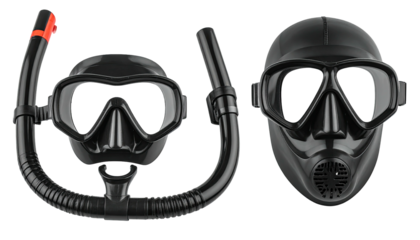 Black snorkeling mask and full-face mask, simple black background