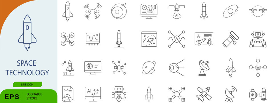 Space technology icon set. Editable vector illustration of rockets, satellites, and exploration tools. EPS aerospace line pack