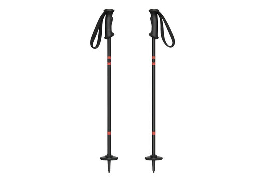 Pair of black ski poles with red details and ergonomic handles, equipment for winter sports, skiing, and mountaineering, transparent background