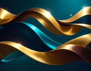 Flowing golden and azure ribbons against a deep teal backdrop