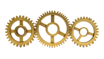 Three brass gears interlocked on dark backdrop, vintage style