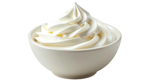 Creamy white swirl topping in white bowl, against black background