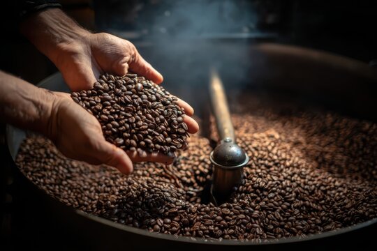 Cooling tray with brown roasted coffee beans. Coffee production industry of Africa. Fresh coffee grains in barista hands. Roaster background. Closeup roasting machine. Modern equipment grain chiller