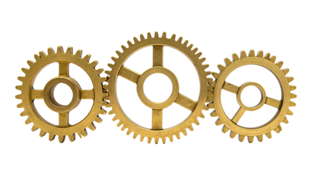 Three brass gears interlocked on dark backdrop, vintage style