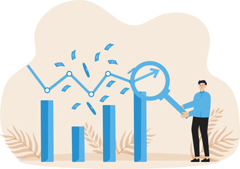 Stock market report and financial market and investment income or money management analysis and economic growth, businessman investor holding money coins analyzing financial charts and graphs.

