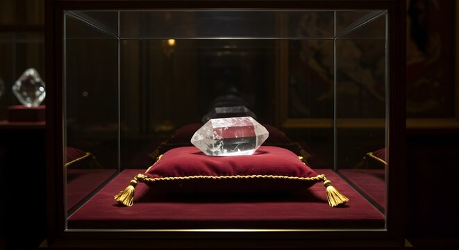Close-up of a large, clear, cut crystal diamond displayed on a red velvet pillow within a glass display case, showcasing the gem's brilliance and luxury, highlighting its value.
