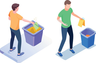 People Recycling and Sorting Waste into Color-Coded Bins - Isometric Illustration of Environment Protection