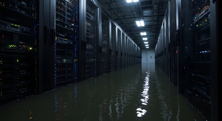Flooded Data Center: Server Room Infested with Water, Illustrating Data Loss and IT Infrastructure Damage, Disaster Recovery Concept, Water Damage, Technology Failure