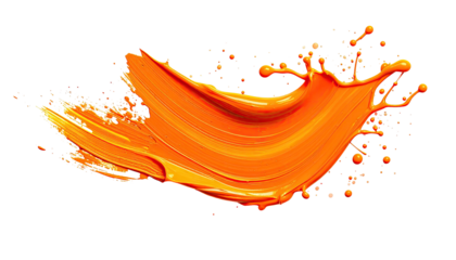 Glossy orange paint stroke with droplets on black background
