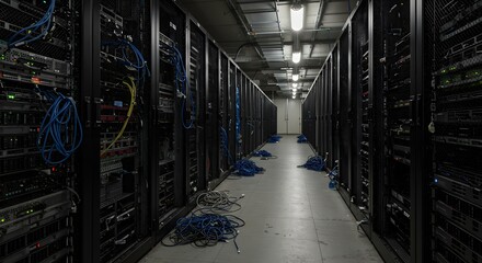 Data Center Server Room Interior: Rows of Server Racks with Network Cables, Data Storage and Processing Infrastructure, Modern Technology, Cloud Computing, Data Security, and Network Administration.