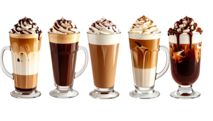 Five layered, decorative coffee drinks topped with whipped cream