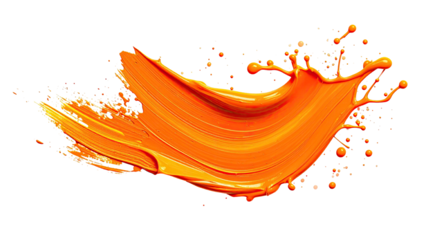 Glossy orange paint stroke with droplets on black background