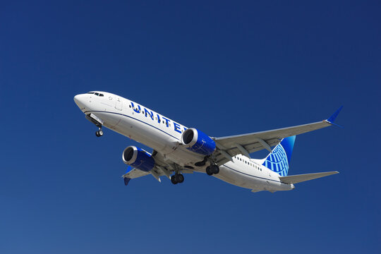 United Airlines Boeing 737 MAX 8, N57286, shown moment before landing at LAX, Los Angeles International Airport. Los Angeles, California, United States, February 25, 2025.