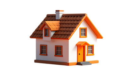 Cartoonish, small house with orange trim against a black backdrop