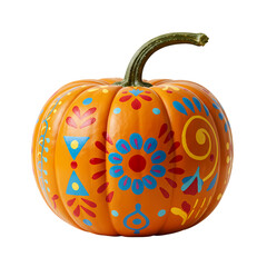Decorated orange pumpkin with colorful floral patterns on transparent background