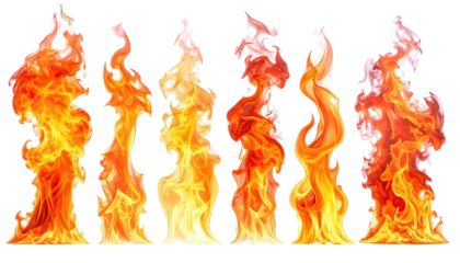 Six flames in varying shapes, glowing against black backdrop