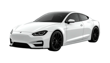 Sleek white car with black wheels parked on a black background