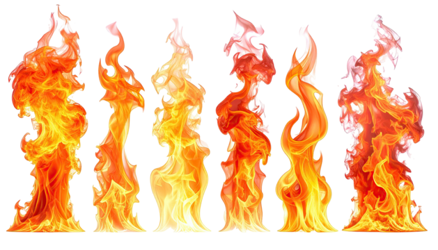 Six flames in varying shapes, glowing against black backdrop - Powered by Adobe