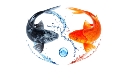 Yin-yang fish swirl, black & orange, water element, on black