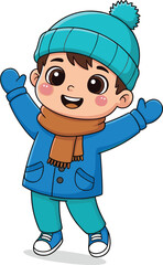 Adorable happy boy cartoon wearing blue winter coat and hat, cheerful child illustration for cold season, snow fun vector art