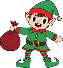 Cute christmas elf cartoon character holding red gift bag, cheerful santa helper in green costume for winter holiday celebration illustration