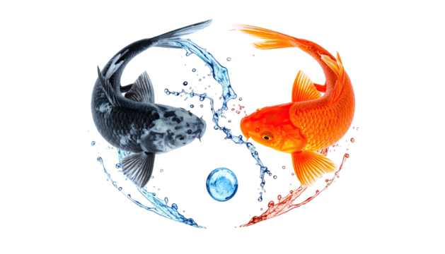 Yin-yang fish swirl, black & orange, water element, on black - Powered by Adobe