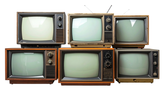 Stacked group of old, vintage televisions