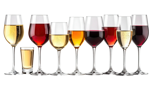 Varied wine glasses arrayed with different colored drinks.