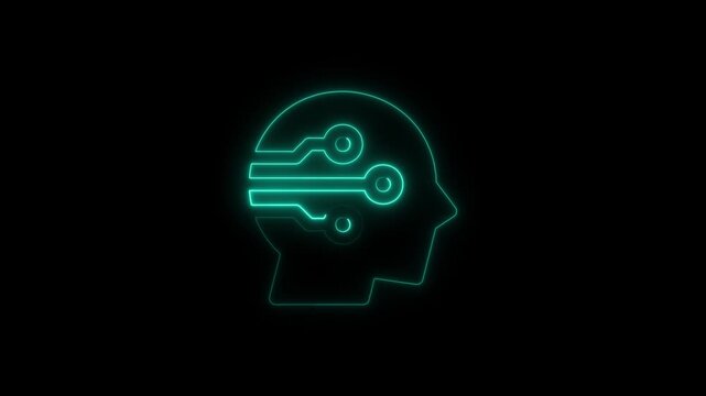 Cyan Neon Human Head Circuit Icon on Black Background artificial intelligence brain