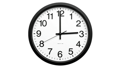 Round wall clock with black frame, showing three o'clock