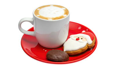 Christmas coffee & cookies, mug with foam, red plate