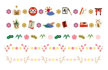 Obraz premium Japanese New Year Line Decoration Set with Lucky Charms and Plum Blossoms Illustration